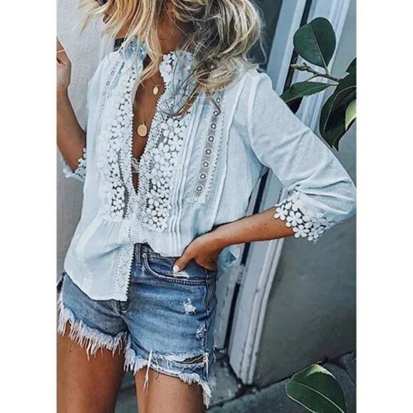 Boho Pastel Blue Crochet Lace Cut Out V-Neck 3/4 Sleeve Top Blouse - Picture 7 of 8